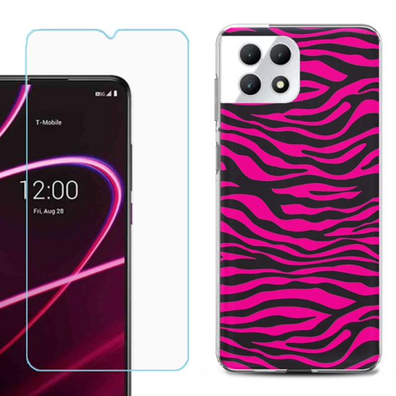 Phone Case for T-Mobile Revvl 7 5G, Shockproof Case Cover with Tempered Glass Screen Protector, by OneToughShield - Zebra Pink