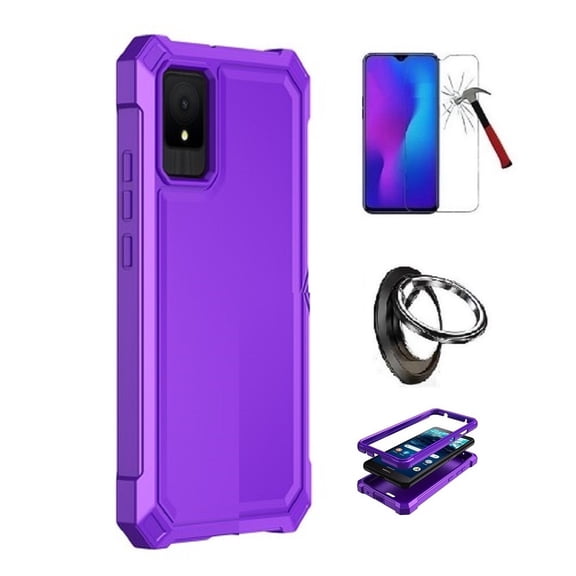 Phone Case for TCL K11,  Full Body  TPU Cover Case + Ring/ Tempered Glass (Purple)