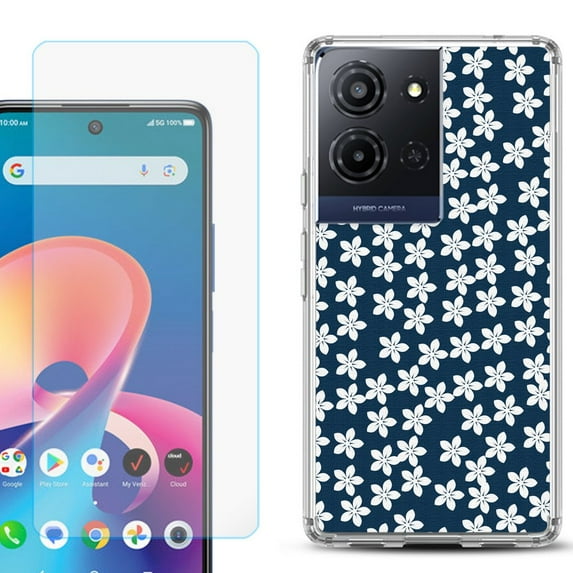 Phone Case for TCL K33 5G, with Screen Protector, by OneToughShield - Flower/Blue