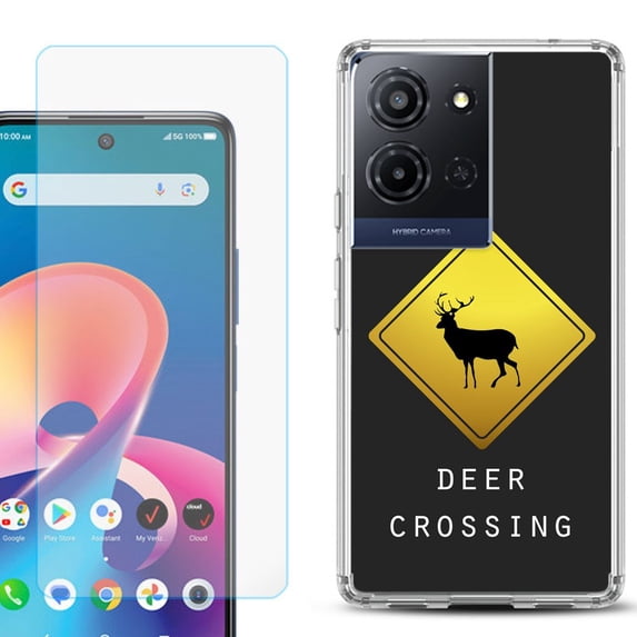 Phone Case for TCL K33 5G, with Screen Protector, by OneToughShield - Road Sign Deer