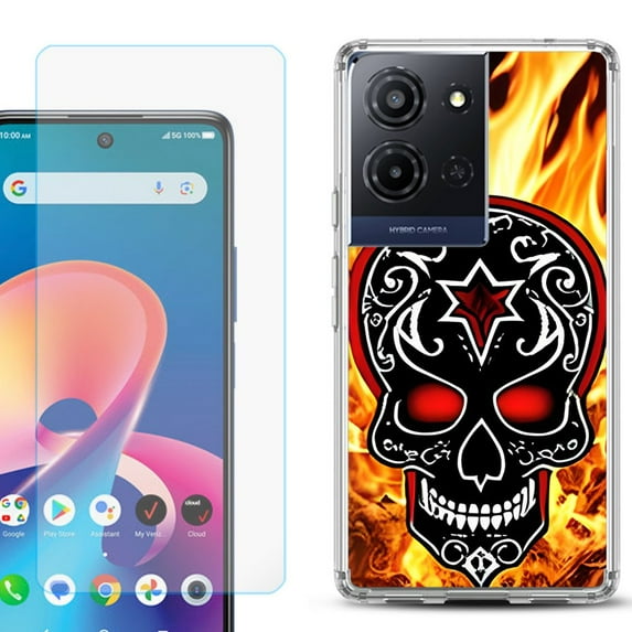 Phone Case for TCL K33 5G, with Screen Protector, by OneToughShield - Skull Flames