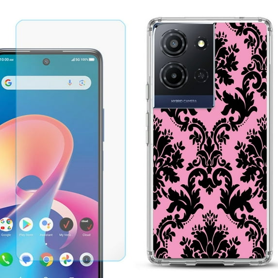 Phone Case for TCL K33 5G, with Screen Protector, by OneToughShield - Victorian Pink/Black