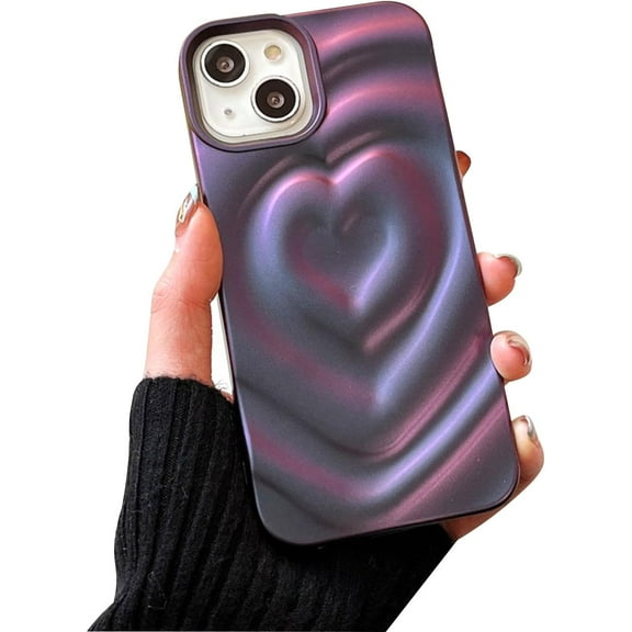 Phone Case for Women/Girls, Luxury Electroplate Metal Matt Silver 3D Heart Water Ripple Phone Case Compatible with iPhone 14 Pro, Purple