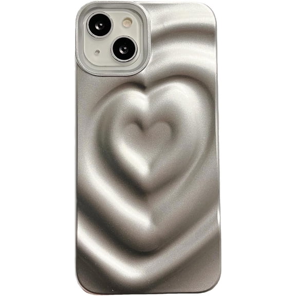 Phone Case for Women/Girls, Luxury Electroplate Metal Matt Silver 3D Heart Water Ripple Phone Case Compatible with iPhone 14, Silver