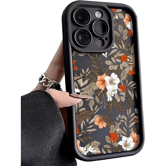 Phone Case for Women/Girls, Retro Flower Shockproof Bumper Soft Matte Case for iPhone Compatible with iPhone 15 Pro, Black