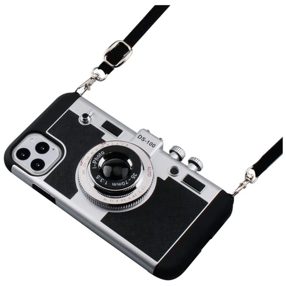 Phone Case for iPhone 13 Camera Case, Vintage Cover Cute 3D Cool Unique Design Silicone Case with Removable Neck Strap Lanyard for Girls Women, Black