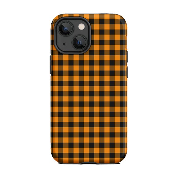 Phone Case for iPhone 13 Mini - Black-and-Orange Gingham Autumn Theme