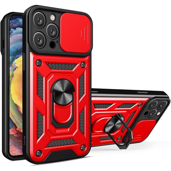 Phone Case for iPhone 14 Pro Max with Slide Camera Window, Heavy Duty Protection Phone Cover Case with Ring Kickstand for iPhone 14 Pro Max Red