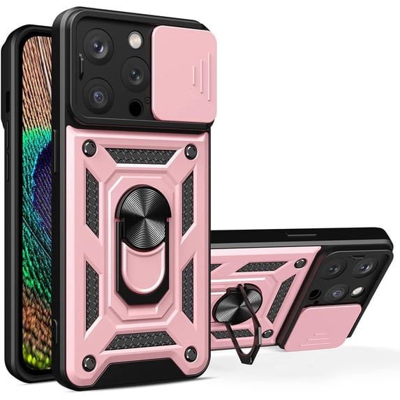 Phone Case for iPhone 14 Pro with Slide Camera Window, Heavy Duty Protection Phone Cover Case with Ring Kickstand for iPhone 14 Pro Rose Gold