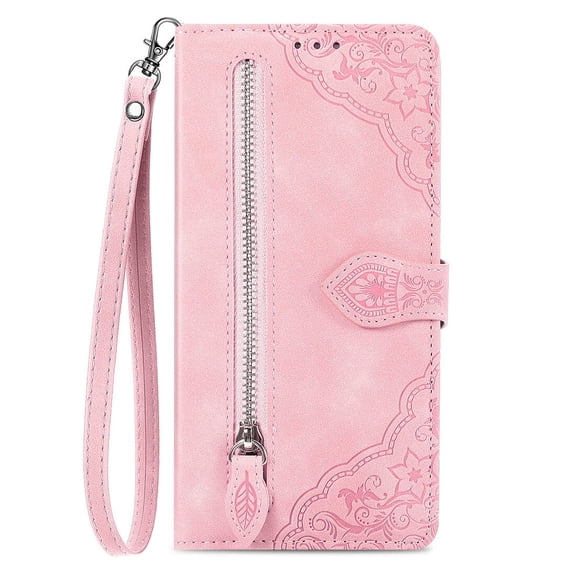 Phone Case for iPhone 14, Shockproof PU Leather Wallet Case with Card Slots Anti-Scratch Stand Magnetic Flip Zipper Pocket Cover for iPhone 14, Pink