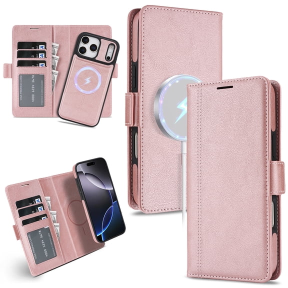 Phone Case for iPhone 17 Pro Max,PU Split Compatible with MagSafe Folio Flip Wallet Card Bag Magnetic Clasp Protective Phone Cover