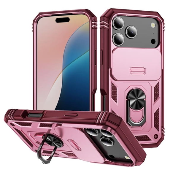 Phone Case for iPhone 17 Pro Max, Slide Camera Cover Ring Kickstand Heavy‑Duty Shockproof Cover,Rose Red,For iPhone 17 Pro Max