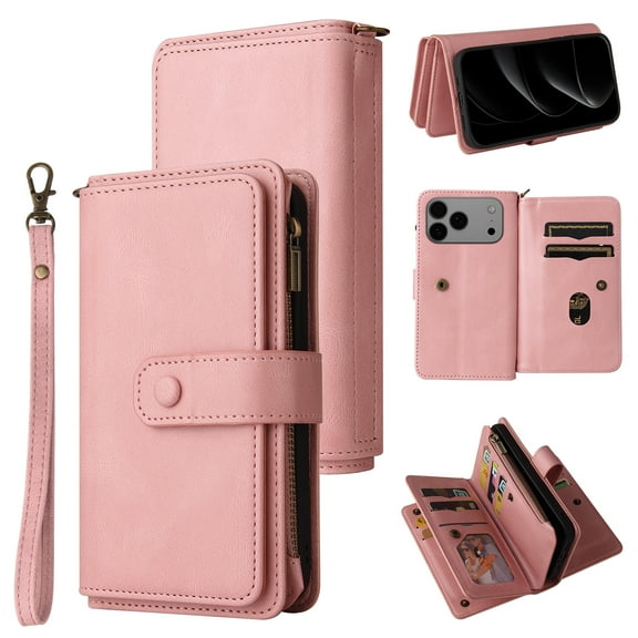 Phone Case for iPhone 17 Pro Max, Wallet Case Luxury Folio Flip Leather Cover [Zipper Pocket] [Wrist Strap] [Kickstand] for iPhone 17 Pro Max, Pink
