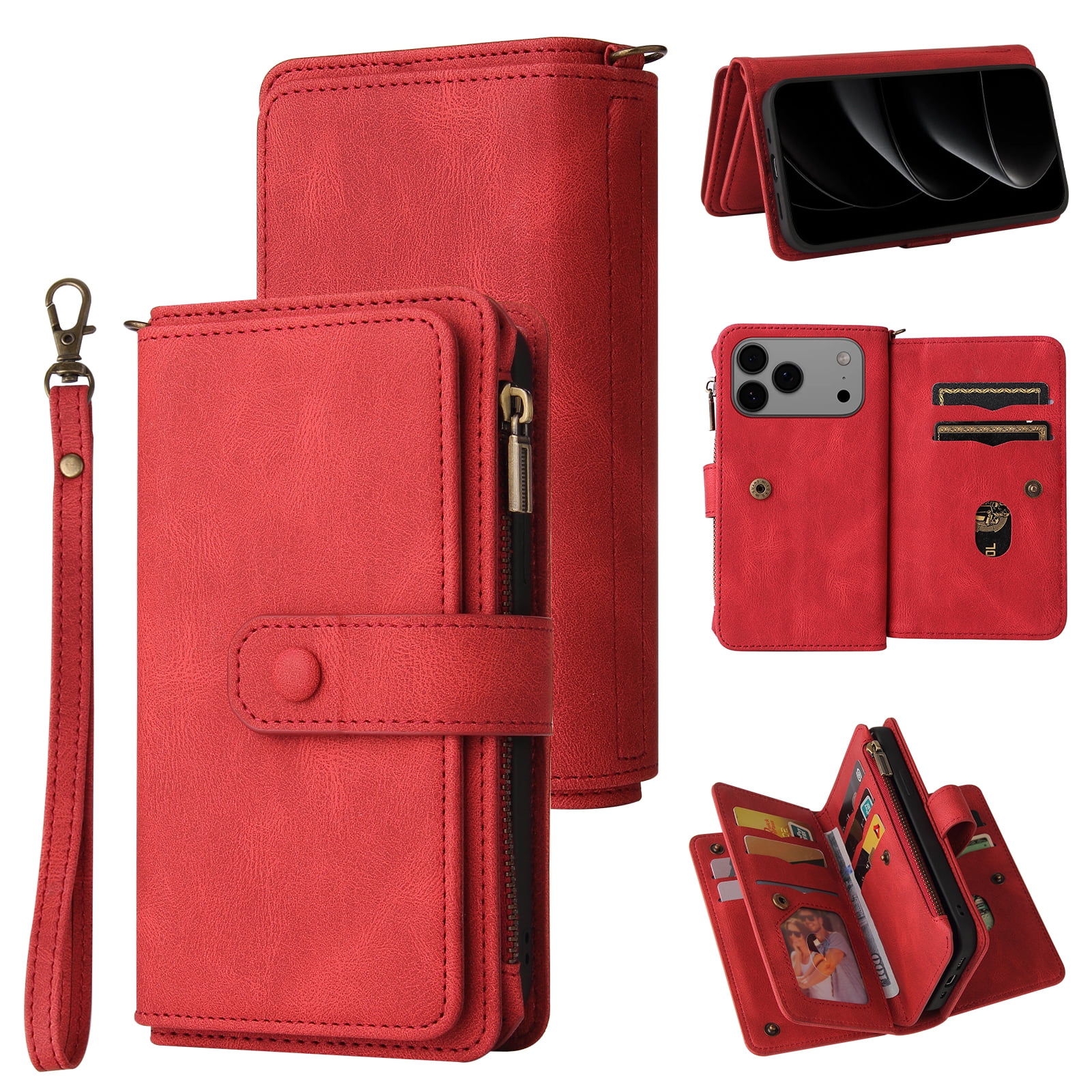 Phone Case for iPhone 17 Pro Max, Wallet Case Luxury Folio Flip Leather Cover [Zipper Pocket] [Wrist Strap] [Kickstand] for iPhone 17 Pro Max, Red