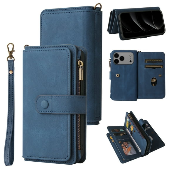 Phone Case for iPhone 17 Pro, Wallet Case Luxury Folio Flip Leather Cover [Zipper Pocket] [Wrist Strap] [Kickstand] for iPhone 17 Pro, Blue