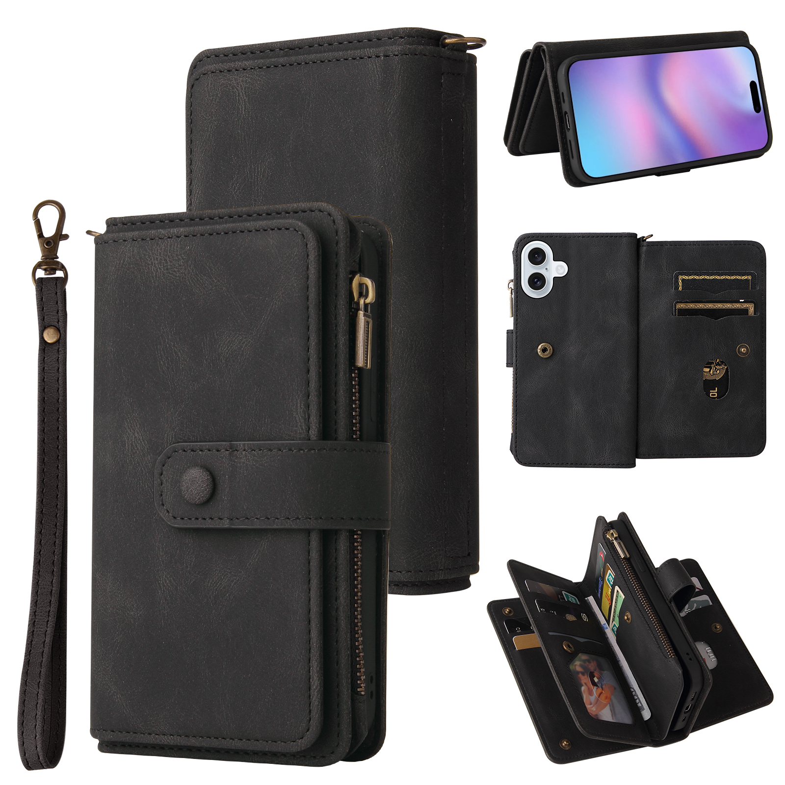 Phone Case for iPhone 17, Wallet Case Luxury Folio Flip Leather Cover [Zipper Pocket] [Wrist Strap] [Kickstand] for iPhone 17, Black