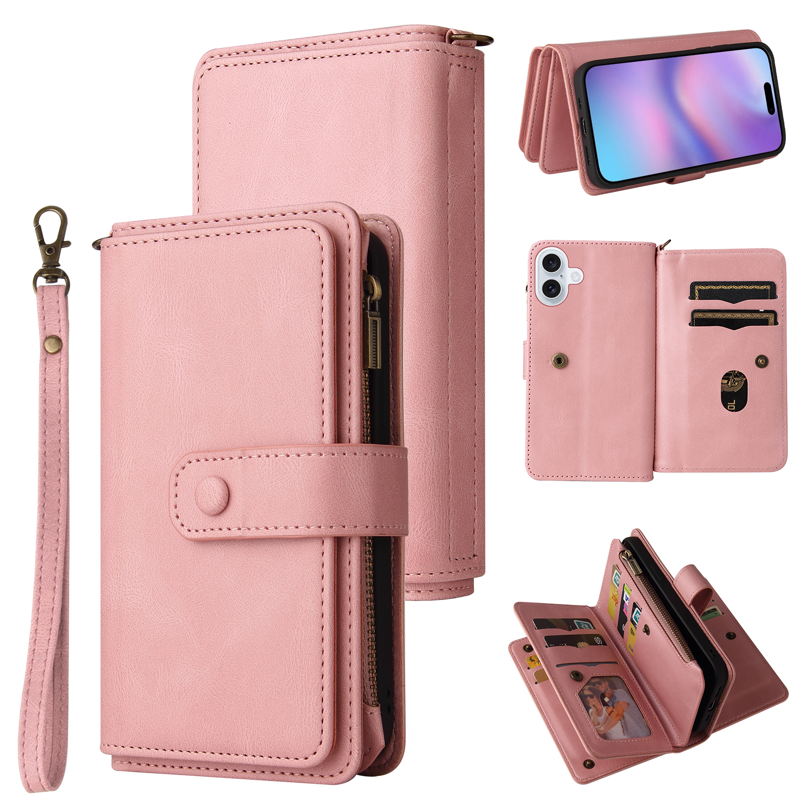 Phone Case for iPhone 17, Wallet Case Luxury Folio Flip Leather Cover [Zipper Pocket] [Wrist Strap] [Kickstand] for iPhone 17, Pink