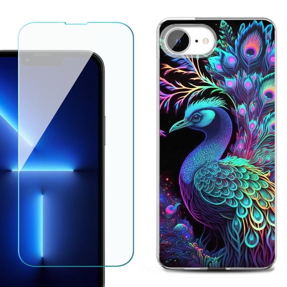 Phone Case for iPhone 17e, with Screen Protector, by OneToughShield - Neon Peacock