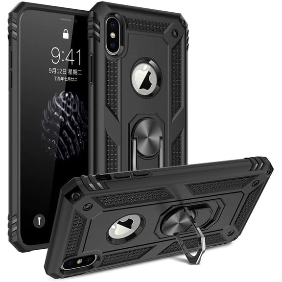 Phone Case for iPhone Xs Max,Military Grade Protective iPhone Xs Max Cases Cover with Ring Car Mount Kickstand for iPhone Xs Max - Black