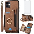 thumbnail image 1 of Phone Case for iPhone 11 6.1 Wallet Cover with Screen Protector and Wrist Strap Lanyard RFID Credit Card Holder Ring Stand Cell Accessories iphone11case iPhone11 i Phone11 11s XI 11R Women Men Brown, 1 of 7