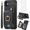 thumbnail image 1 of Phone Case for iPhone 11 6.1 Wallet Cover with Screen Protector and Wrist Strap Lanyard RFID Credit Card Holder Ring Stand Cell Accessories iphone11case iPhone11 i Phone11 11s XI 11R Women Men Black, 1 of 13