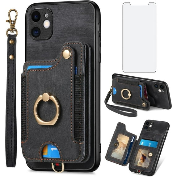 Phone Case for iPhone 11 6.1 Wallet Cover with Screen Protector and Wrist Strap Lanyard RFID Credit Card Holder Ring Stand Cell Accessories iphone11case iPhone11 i Phone11 11s XI 11R Women Men Black