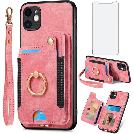 Phone Case for iPhone 11 6.1 Wallet Cover with Screen Protector and Wrist Strap Lanyard RFID Credit Card Holder Ring Stand Cell Accessories iphone11case iPhone11 i Phone11 11s XI 11R Women Men Pink