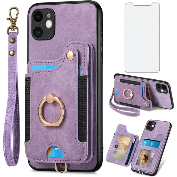Phone Case for iPhone 11 6.1 Wallet Cover with Screen Protector and Wrist Strap Lanyard RFID Credit Card Holder Ring Stand Cell Accessories iphone11case iPhone11 i Phone11 11s XI 11R Women Men Purple