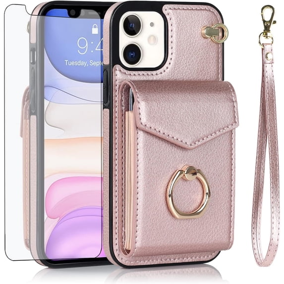 Phone Case for iPhone 11 6.1 Wallet Cover with Tempered Glass Screen Protector and RFID Blocking Ring Card Holder ID Cell Accessories iphone11case iPhone11 i Phone11 11s XI 11R Women Rose Gold