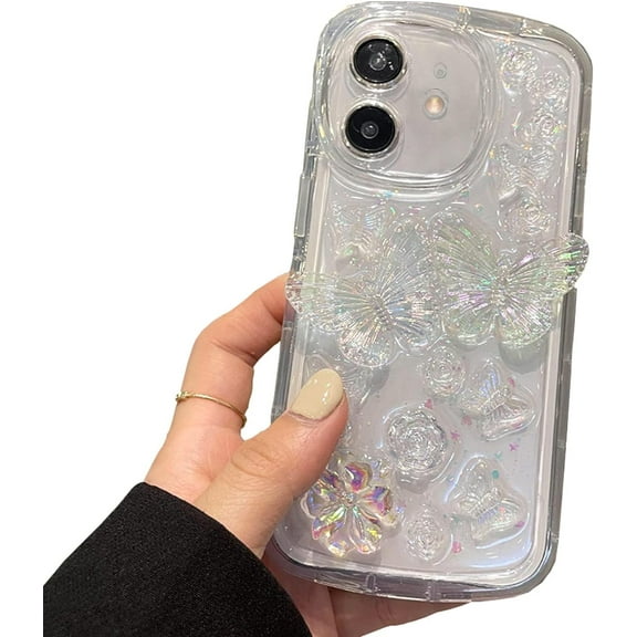 Phone Case for iPhone 11 Clear Case Butterfly 3D Flower Aesthetic Luxury Crystal Colorful Sparkly Cute Women Girl for iPhone 11 Case Accessories Camera Protection Shockproof-6.1''