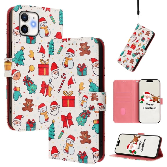 Phone Case for iPhone 11, Luxury Christmas Pattern Card Slots Cash Pocket Magnetic Clasp Full Body Protection Shockproof Kickstand Wallet Flip Case with Wrist Strap for iPhone 11, A