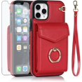thumbnail image 1 of Phone Case for iPhone 11 Pro 5.8 Wallet Cover with Tempered Glass Screen Protector and RFID Blocking Ring Stand Card Holder Cell Accessories iPhone11pro iPhone11 i XI 11s 11pro Women Men Red, 1 of 11