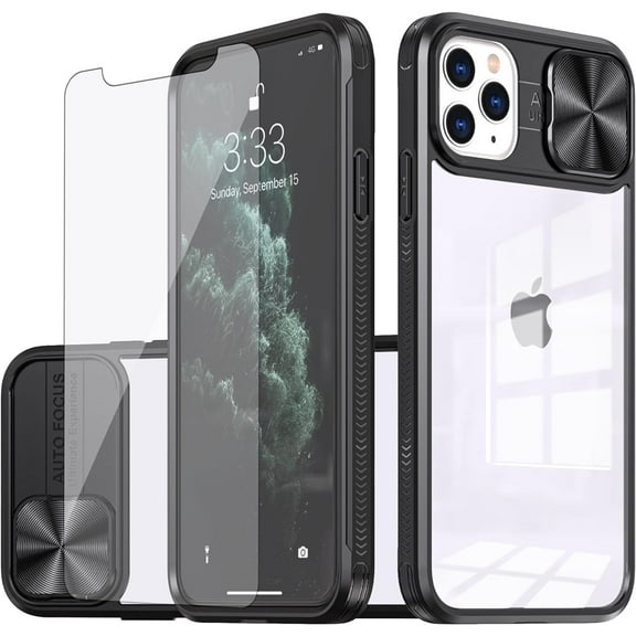 Phone Case for iPhone 11 Pro Max 6.5 with Tempered Glass Screen Protector Cover and Camera Cover Slide 360 Full Body Protection Slim Clear Bumper Cell Accessories iPhone11 11pro Promax i XI Plus Black