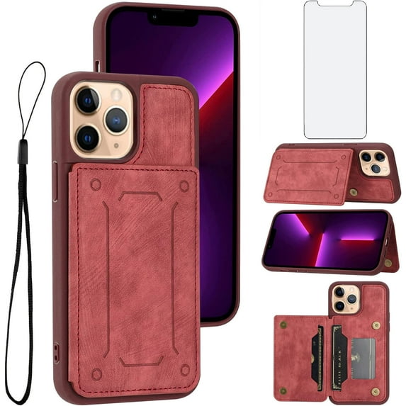 Phone Case for iPhone 11 Pro Max 6.5 Wallet Cover with Tempered Glass Screen Protector and Slim Credit Card Holder Stand Magnetic PU Leather Cell Accessories iPhone11 11pro Promax i XI Plus Women Red