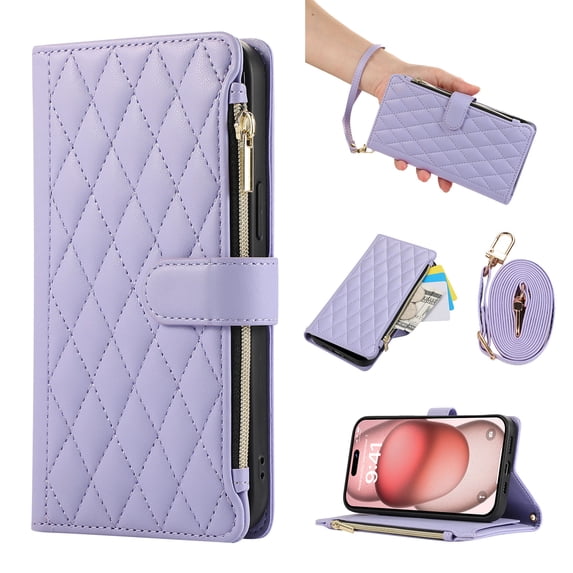 Phone Case for iPhone 11 Pro Max, Wallet Case Luxury Folio Flip PU Leather Full Body Protection Cover with Zipper Pocket & Wrist Strap & Kickstand & Shoulder Strap for iPhone 11 Pro Max, Lightpurple