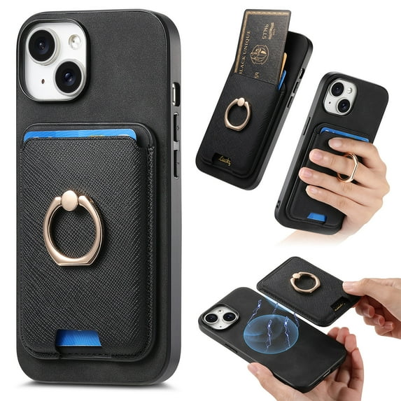 Phone Case for iPhone 11, Ultra Slim Phone Grip Ring Stand PU Leather Detachable Magnetic Credit Card Holder Drop Protective Case Cover Compatible with iPhone 11, Black