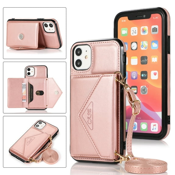 Phone Case for iPhone 11 Wallet Cover with Wrist Crossbody Strap Lanyard Credit Shoulder Card Holder Slot Stand Leather Back Magnetic Flip Cell Accessories For iPhone 11, Rosegold