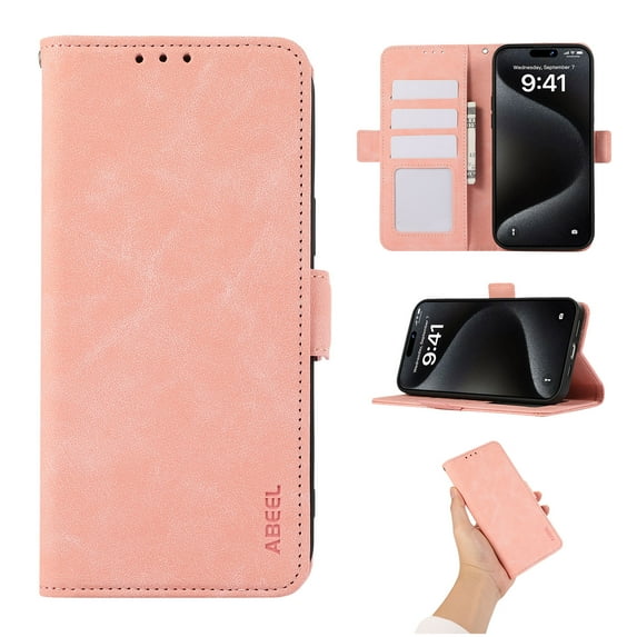 Phone Case for iPhone 12/12 Pro, Classic RFID Blocking PU Leather Shockproof Kickstand Wallet Case with Credit Card Holder Magnetic Flip Cover Compatible with iPhone 12/12 Pro, Pink