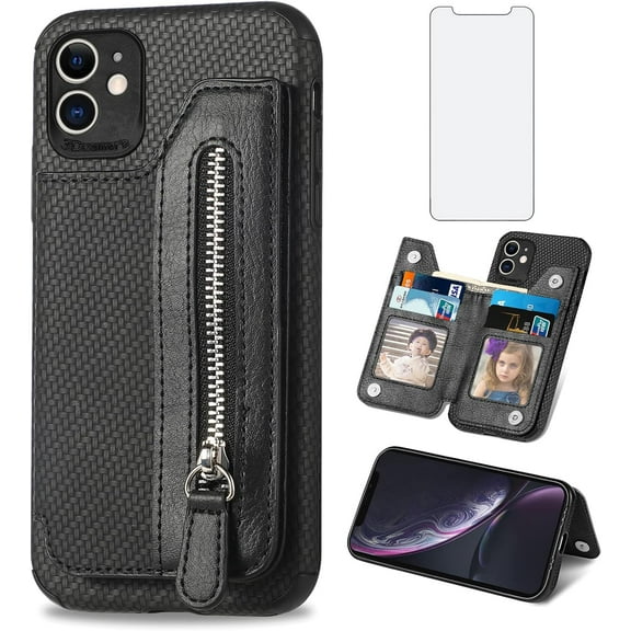 Phone Case for iPhone 12 Mini 5.4 Wallet Cover with Tempered Glass Screen Protector and Zipper Credit Card Holder Stand Leather Cell Accessories iPhone12mini 5G i 12s iPhone12 12mini Women Men Black