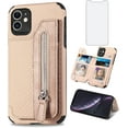 thumbnail image 1 of Phone Case for iPhone 12 Mini 5.4 Wallet Cover with Tempered Glass Screen Protector and Zipper Credit Card Holder Stand Leather Cell Accessories iPhone12mini 5G i 12s iPhone12 12mini Women Men Beige, 1 of 13
