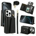thumbnail image 1 of Phone Case for iPhone 12 Pro / 12 Wallet Cover, Classic Credit Card Holder & Crossbody Strap & Hand Strap Kickstand PU Leather for iPhone 12 Pro / 12 Protective Rugged Case Women Men, Black, 1 of 5