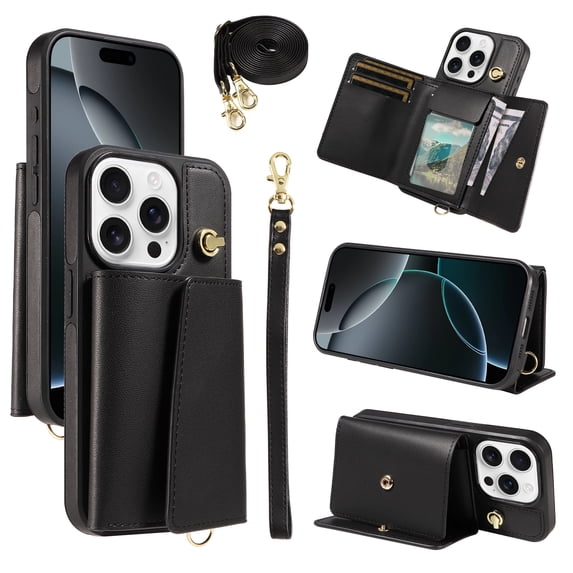 Phone Case for iPhone 12 Pro / 12 Wallet Cover, Classic Credit Card Holder & Crossbody Strap & Hand Strap Kickstand PU Leather for iPhone 12 Pro / 12 Protective Rugged Case Women Men, Black
