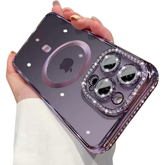 Phone Case for iPhone 12 Pro Case  Full Camera Len Protection[Compatibility with MagSafe] Clear Diamond Rhinestone Shockproof Cute Sparkle Bling Case for 12 Pro 6.1''-Purple
