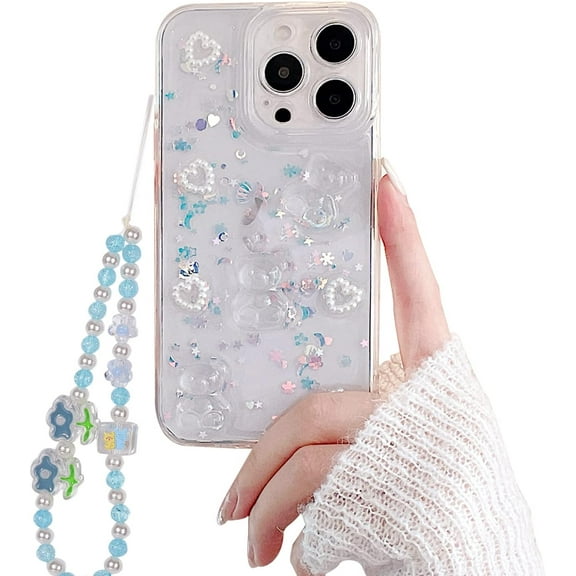 Phone Case for iPhone 12 Pro,Cute 3D Bear Glitter Bling Clear Design for iPhone 12 Pro Case with Phone Charm/Chain Women Girl Shockproof Camera Protect-6.1''