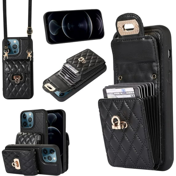 Phone Case for iPhone 12 Pro Max 6.7 Wallet Cover with Credit Card Holder Shoulder Crossbody Strap Long Lanyard Leather Cell Accessories iPhone12promax 5G i 12s Plus iPhone12 12pro Promax Women Black