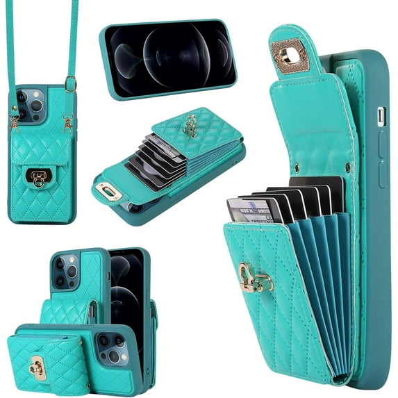 Phone Case for iPhone 12 Pro Max 6.7 Wallet Cover with Credit Card Holder Shoulder Crossbody Strap Long Lanyard Leather Cell Accessories iPhone12promax 5G i 12s Plus iPhone12 12pro Promax Women Green