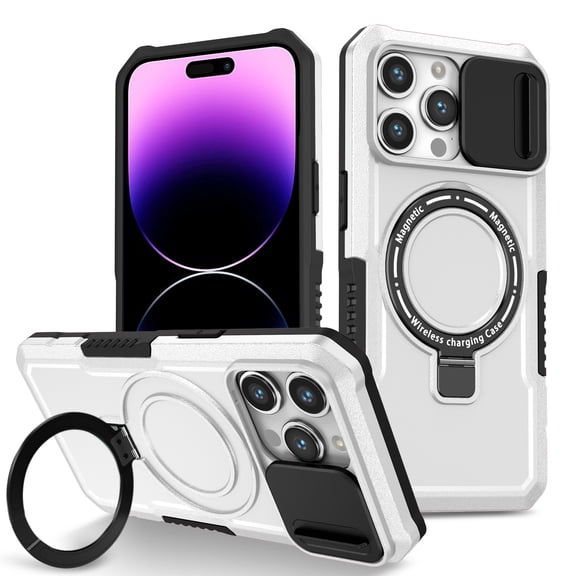 Phone Case for iPhone 12 Pro Max with Sliding Camera Cover, Hand Grip Anti Slip Design Kickstand Ring Holder Hybrid Magnetic Wireless Charging Phone Cover for Apple iPhone 12 Pro Max - White