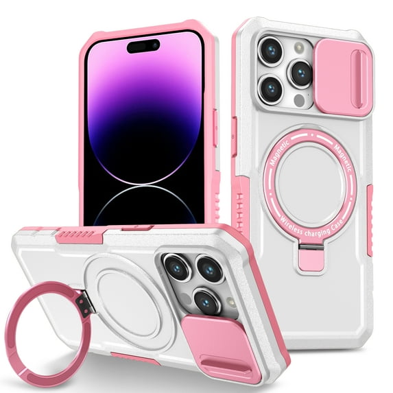 Phone Case for iPhone 12 Pro Max with Sliding Camera Cover, Hand Grip Anti Slip Design Kickstand Ring Holder Hybrid Magnetic Wireless Charging Phone Cover for Apple iPhone 12 Pro Max - White+Pink