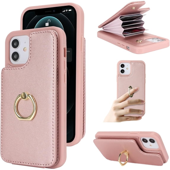 Phone Case for iPhone 12 Pro/iPhone 12 Case with Card Holder for Women Girls (6.1 Inch), iPhone 12 Case Wallet with RFID Blocking 360° Rotation Ring Kickstand PU Leather,Rose Gold