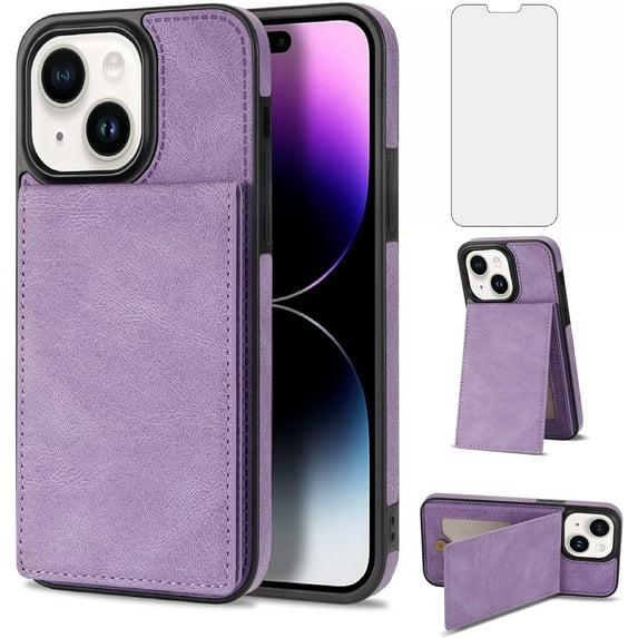Phone Case for iPhone 13 6.1 inch Wallet Cover with Tempered Glass Screen Protector and RFID Slim Credit Card Holder Slot Stand Cell Accessories iPhone13 5G i i-Phone i13 iPhone13case Women Purple